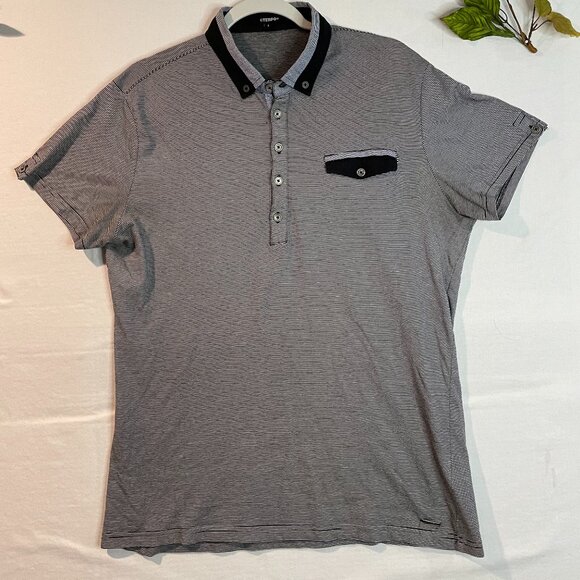 Tempo Other - Tempo Men's L Polo Shirt Navy Blue Striped Short Sleeves Casual